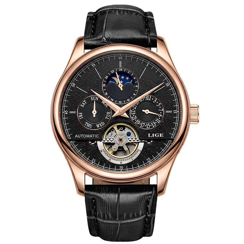 Montres pour hommes LIGE, montre mécanique originale, tourbillon, étanche, bracelet en cuir, phase de lune, date, jour de la semaine, avec boîte