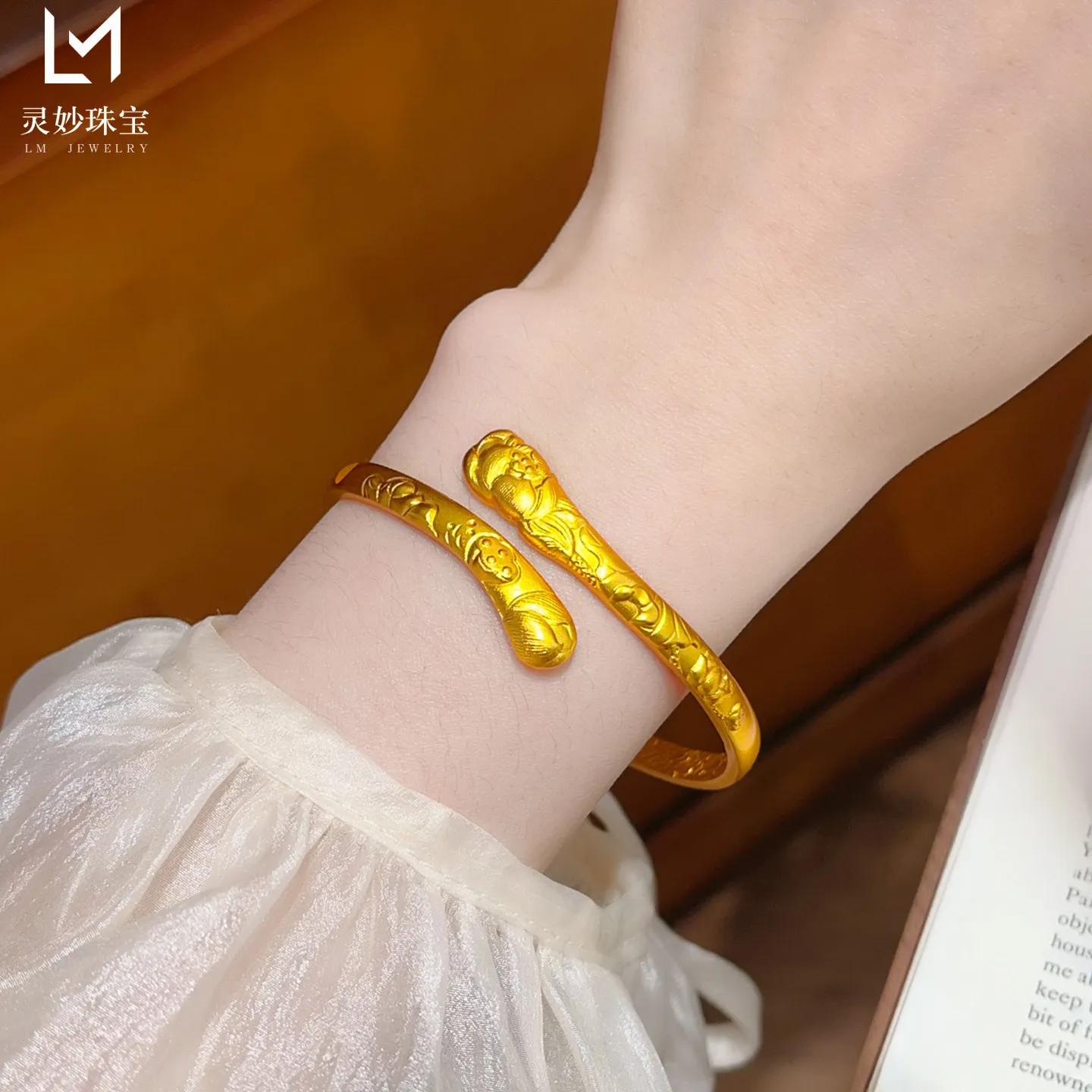 Classic 24K Gold AU999 Twin Lotus Blossom Open Bangle for Women, durable structure and lasting bright golden luster