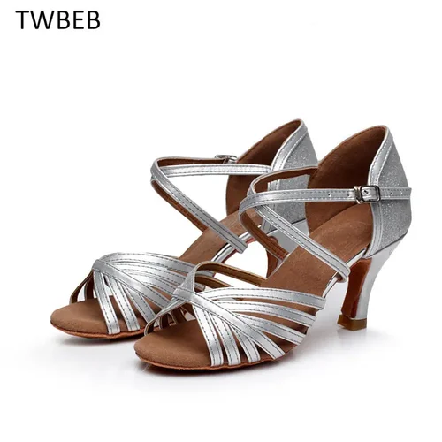 Zapatos de baile de Salsa dorados y plateados profesionales para mujer, zapatos de baile latino con descuento, zapatos de Salsa sexis populares para mujer, tacón de 5cm/7cm