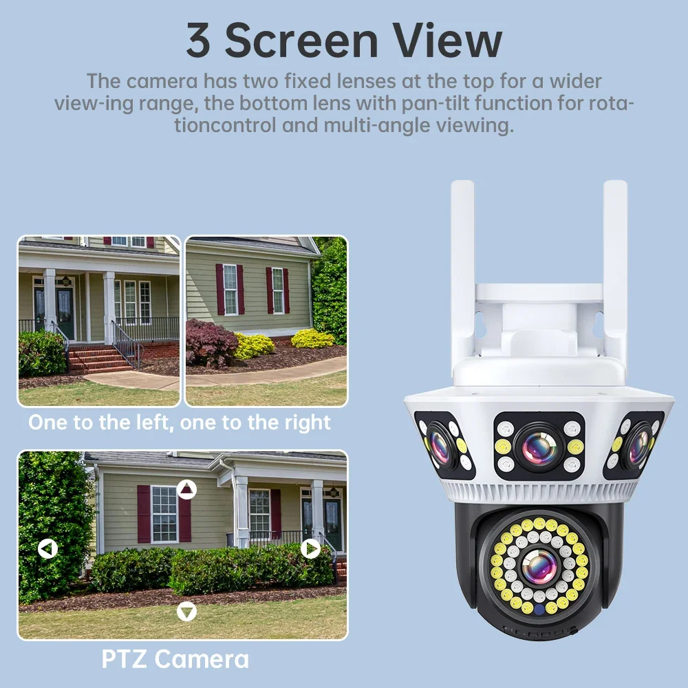 6K WiFi Security Camera Three Screen Dual Lens Video Cam Ai Tracking CCTV Surveillance IP Cameras Outdoor Street Cam Yoosee