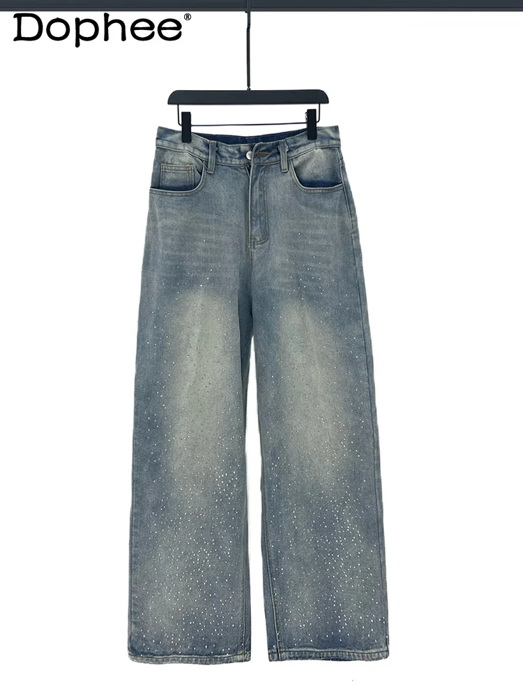 

Fashion Curved Wide-leg Jeans Men's Wear 2025 Spring Autumn New Trendy Denim Pants Stylish Chic Hot Diamond Loose Denim Trousers