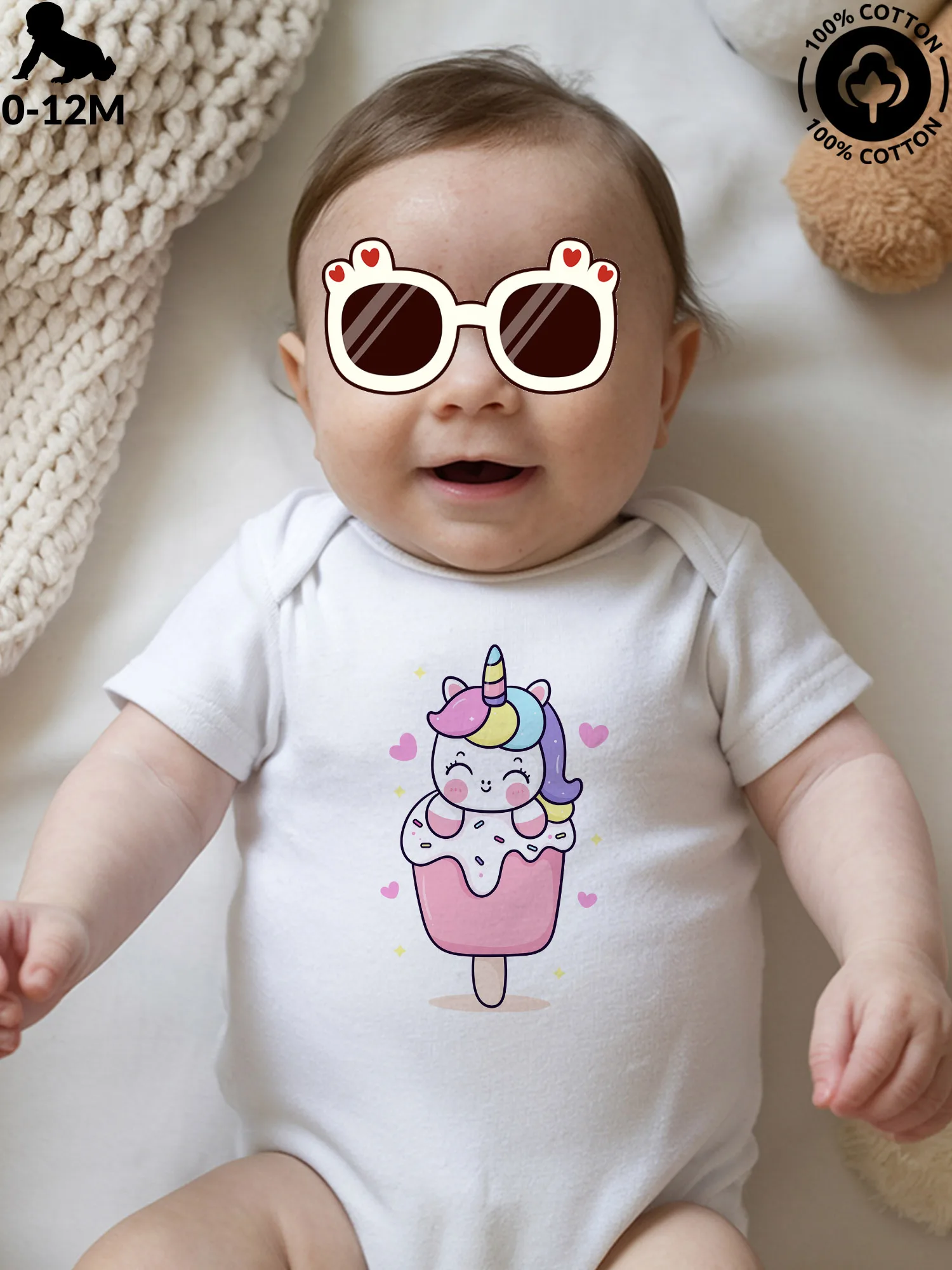 

Ice Cream Unicorn Unisex Baby Crawling Suit, Pure Cotton Soft Onesie, All-Season Wear White Bodysuit 190GSM