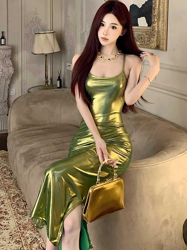 Summer Green Bodycon Hip Wrap Sexy Dress Women Elegant Chic Solid Sling Long Dress 2024 Korean Vintage Luxury Dance Party Dress