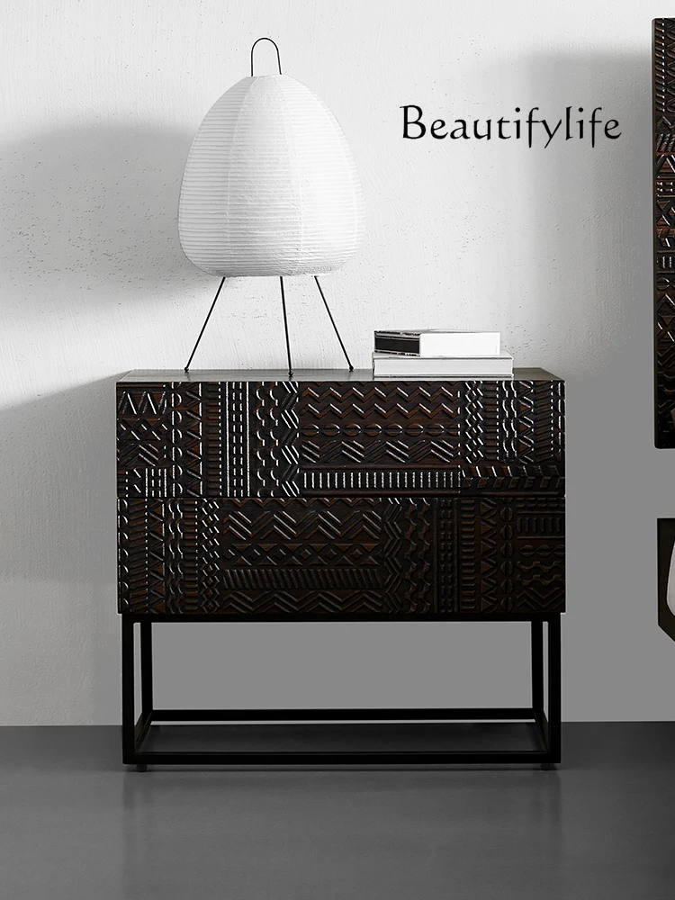 Nordic Modern Teak Solid Wood Hand-Carved Bedside Table Mild Luxury Retro Double Drawer Storage Cabinet