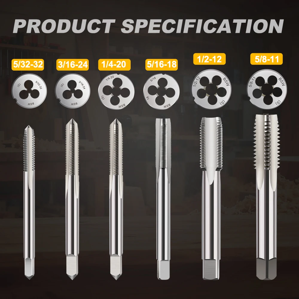 나사 탭 및 원형 다이 세트 HSS 나사 탭 BSW 5/32-32 3/16-24 1/4-20 5/16-18 1/2-12 5/8-11, 플러그 탭 수공구 2 개