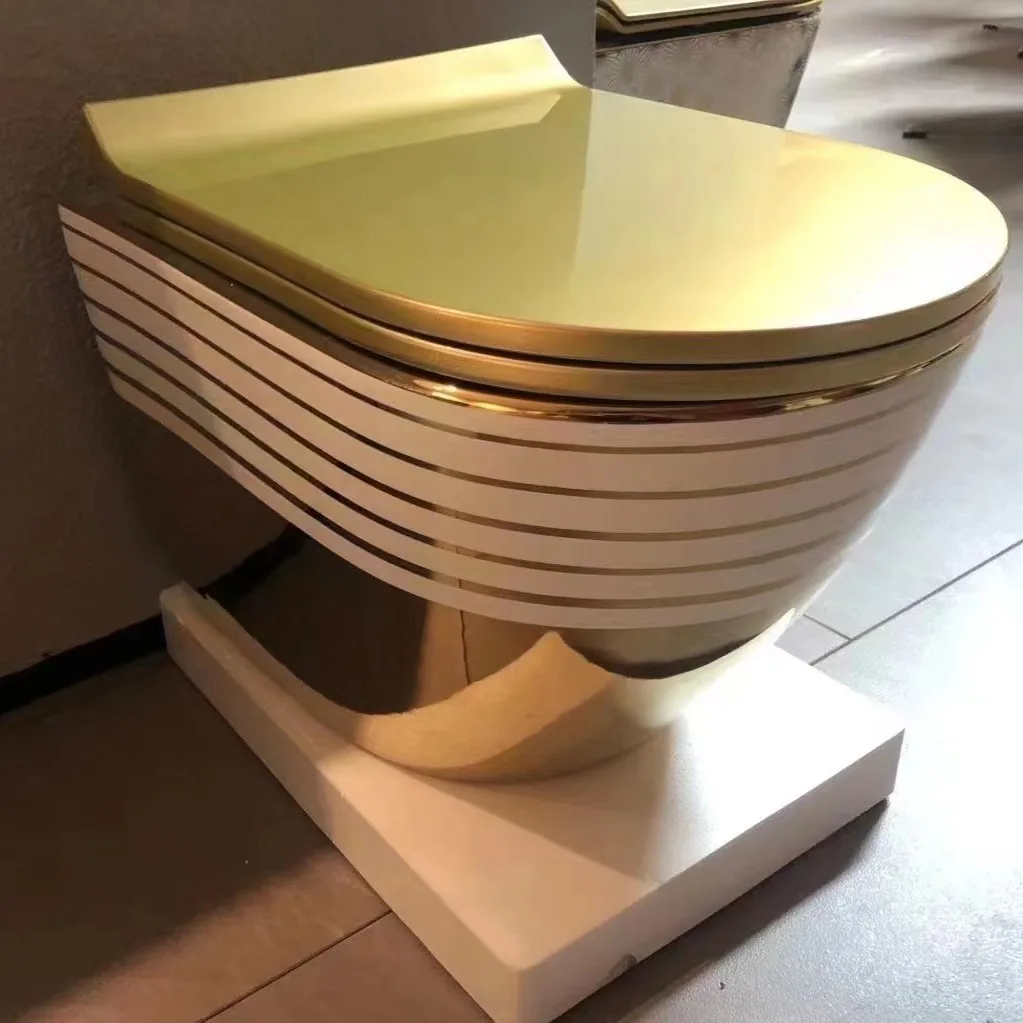 Electroplated WC Toilet Bowl Ceramic Modern Dual-Flush One Piece Wall Hung Gold & Black Gold Washdown Toilet