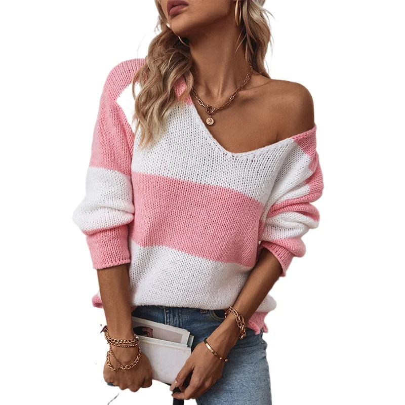 24 autumn and winter new casual foreign trade knitted sweater  contrasting colors striped V-neck off-the-shoulder sweater women