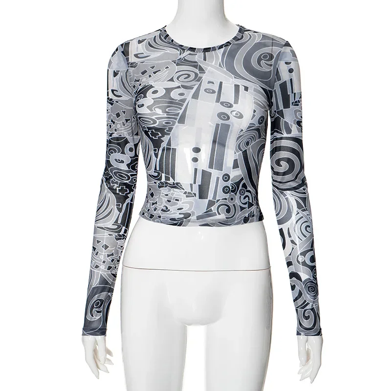 Women Sexy Printed Mesh 2 Piece Set Tracksuits Long Sleeve T-shirts Tops + Shorts Fashion Casual Streetwear Suit Clubwear