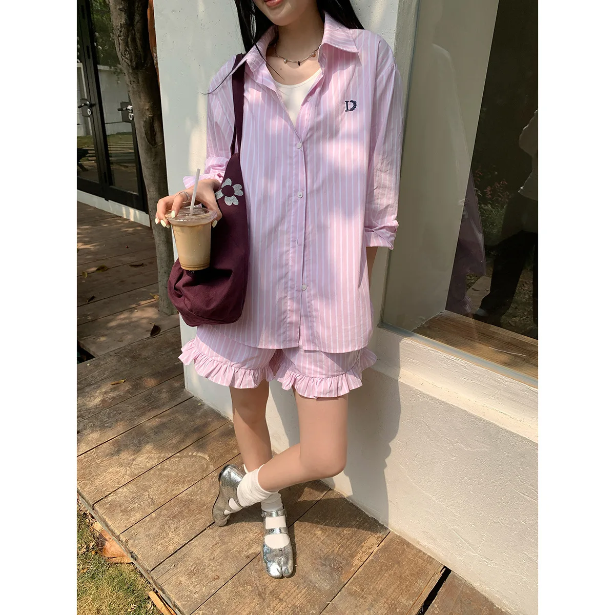 

CALYMIX 2025 Letter Embroidery Pure Cotton Striped Shirts Women's Long Sleeved Lapel Loose Sun Protection Shirt