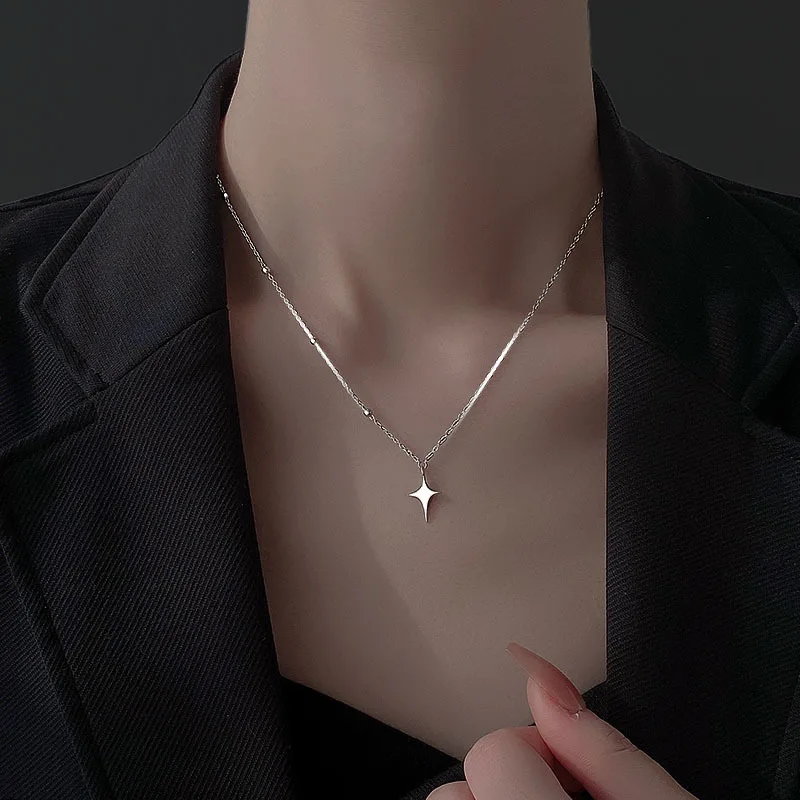 Fashion Silver Color Cross Star Drop Necklace For Women Minimalist Asymmetric Four Pointed Star Clavicle Chain Necklace Jewelry