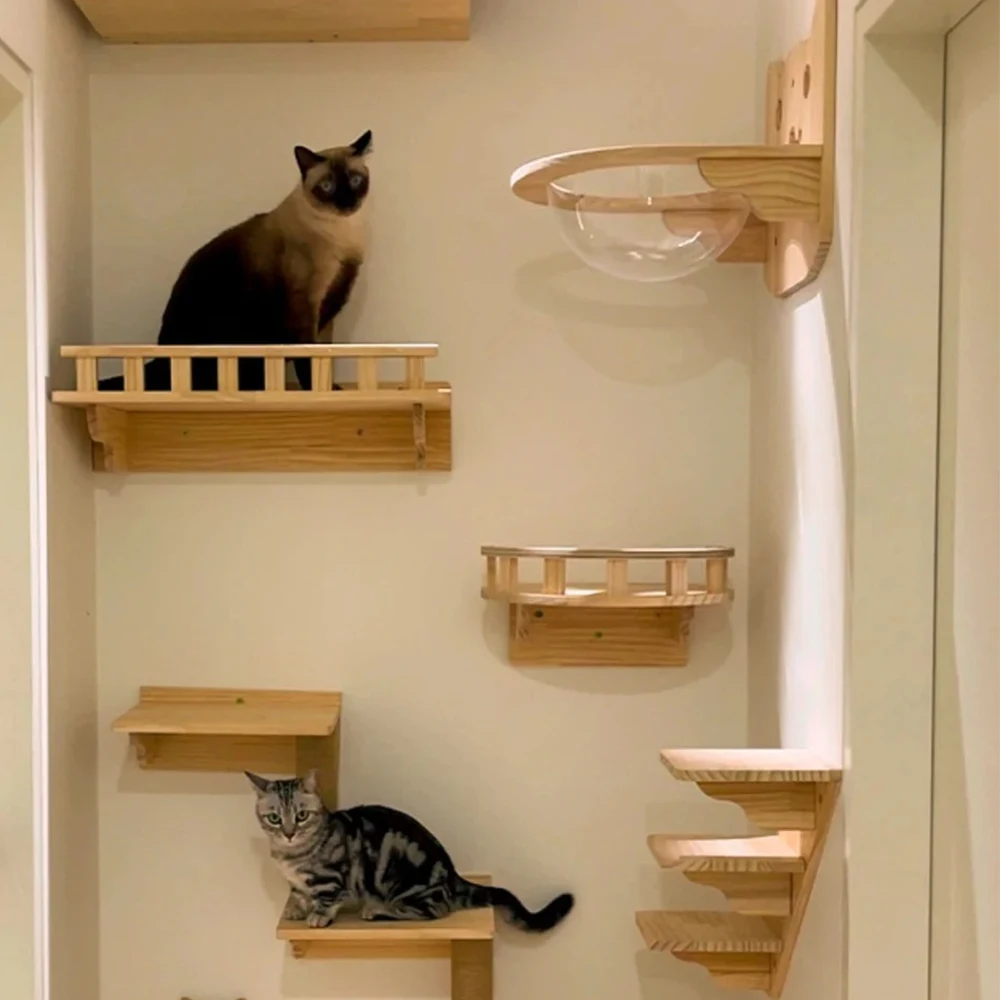 Prateleira para gatos montada na parede, poste para arranhar, plataforma de salto para gatos e rede para gatos, escada de corda, móveis de parede de madeira