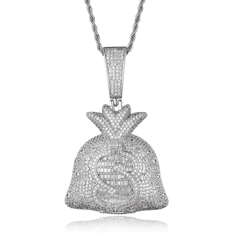 

Hip Hop AAA CZ Zircon Stone Bling Ice Out Big Dollars Money Bag Pendants Necklace for Men Rapper Jewelry Drop Shipping