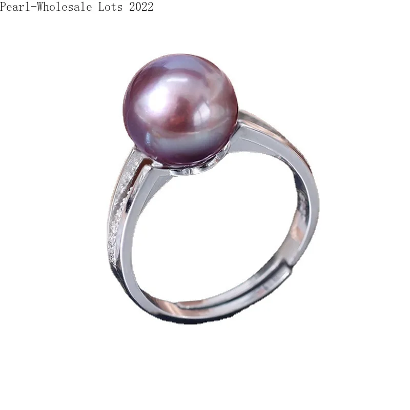 Charming 10-11mm Round Purple Pearl Ring for Women, 925 Silver Ring Gift Adjustable