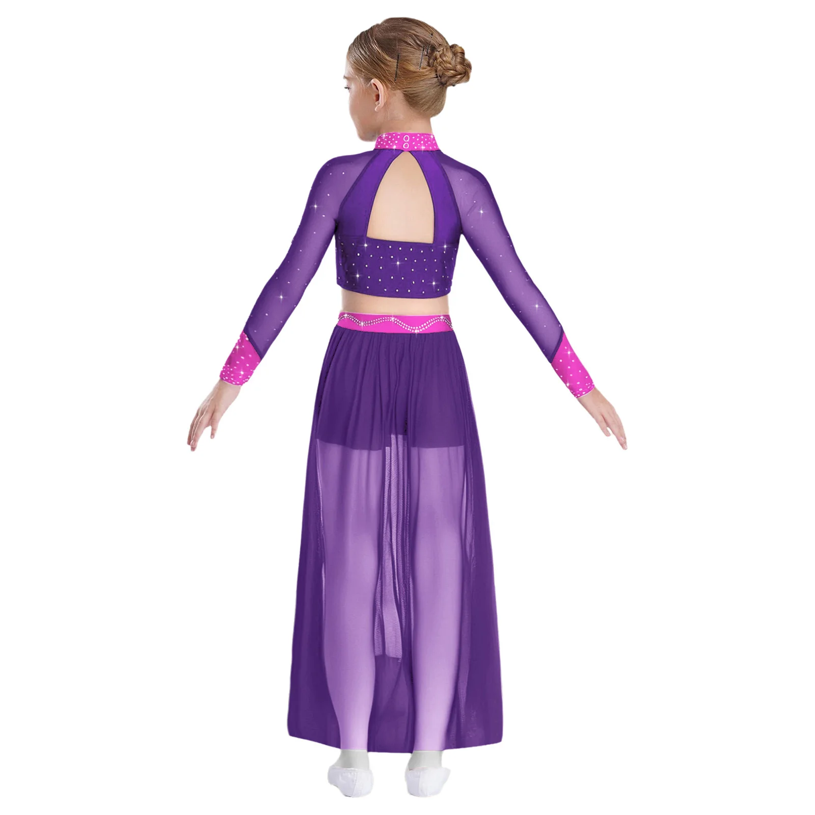 ชุดเต้นบัลเลต์เด็ก ชุดเต้นลีริคอล โมเดิร์น คอนเทมโพรารี แขนยาว ประดับคริสตัล ช่วงหลังเว้า ครอปท็อป กระโปรงทรงเอ