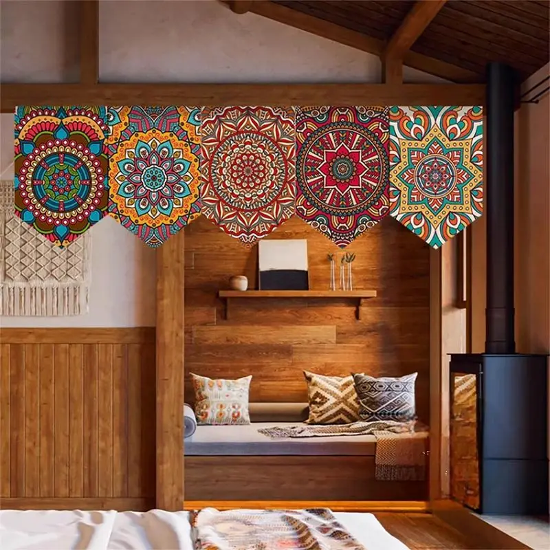VIKAMA Bohemian Mandala Art Pennant Hanging Curtain Ethnic Pattern Noren Short Door Curtain Home Kitchen Window Decor Curtain
