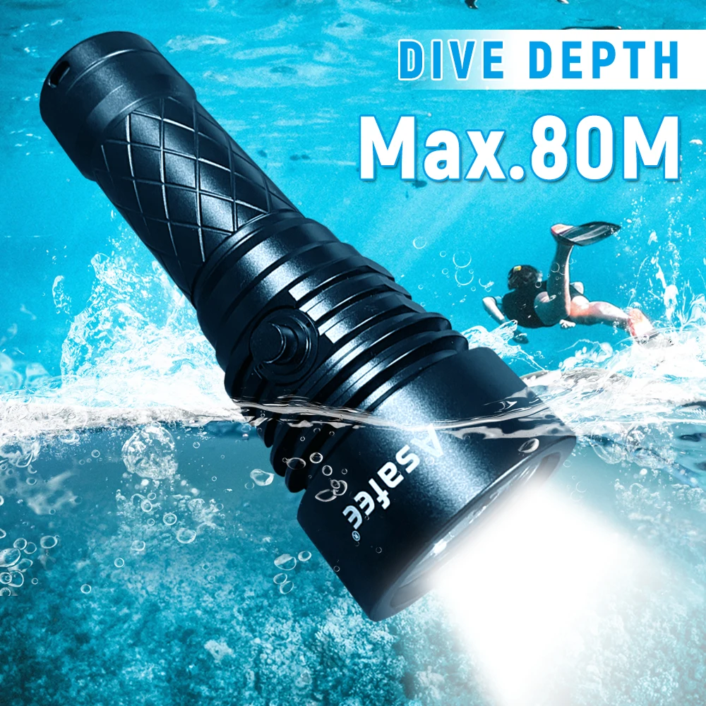 Asafee A19S 80M Underwater Powerful Bright P70 Diving Flashlight IPX8 Dive Lamp Waterproof 2500LM Diver Lanterna Lamp