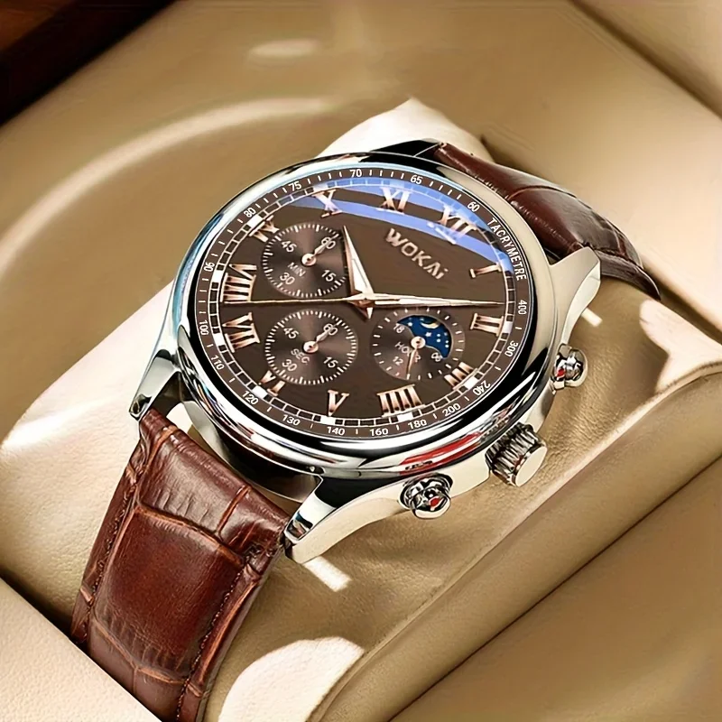 Fashion Business Three-Eye Roman Dial Bamboo Belt Quartz Watch
