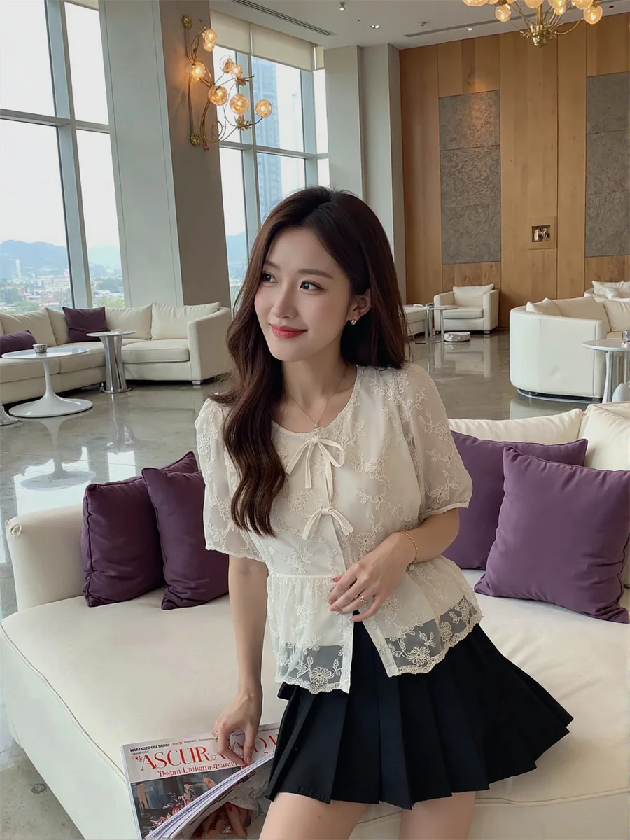 

O-Neck Puff Sleeve Shirts Blouses Elegant Women Top Spring Рубашка Lacing Crew Adjustable Shoulders Shiny Medium Polka OL