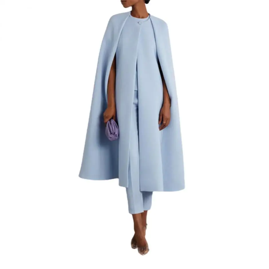 Freeacy Women's Autumn Elegant Clothes Round Neck Long Cape Outerwear & High Waist Pants Solid Color Party Wear Two-piece Sets