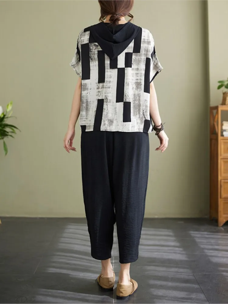 여름 투피스 세트 여성 후드 스트라이프 티셔츠 캐주얼 여성 상의 탄력있는 하이웨이스트 패션 여성 와이드 레그 팬츠