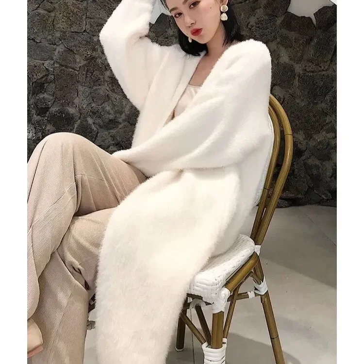 

New Faux Mink Cashmere Cardigan Loose Pull Winter Clothes Women Femme Sleeve Long Coat Thickness Warm Knitted Sweater Outwear