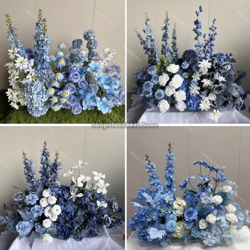 فاخر أزرق أبيض روز الطابق زهرة الاصطناعي شنقا زهرة صف الزفاف خلفية ديكور ترتيب لأحداث الحفلات في الهواء الطلق #2