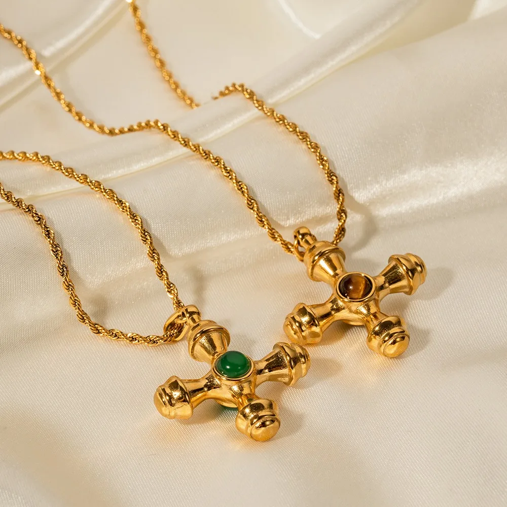 Vintage Chunky Column Cross Green Zircon Tiger Eye Texture Zircon Twist Rope Necklace 316 Stainless Steel Gold Heavy Zircon Cros