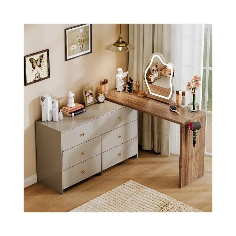 home.Vanity Desk with Mirror and with 3 Color Lighting Modes Adjustable Brightness Slides Gift for Girls and Women, Grey Vanity