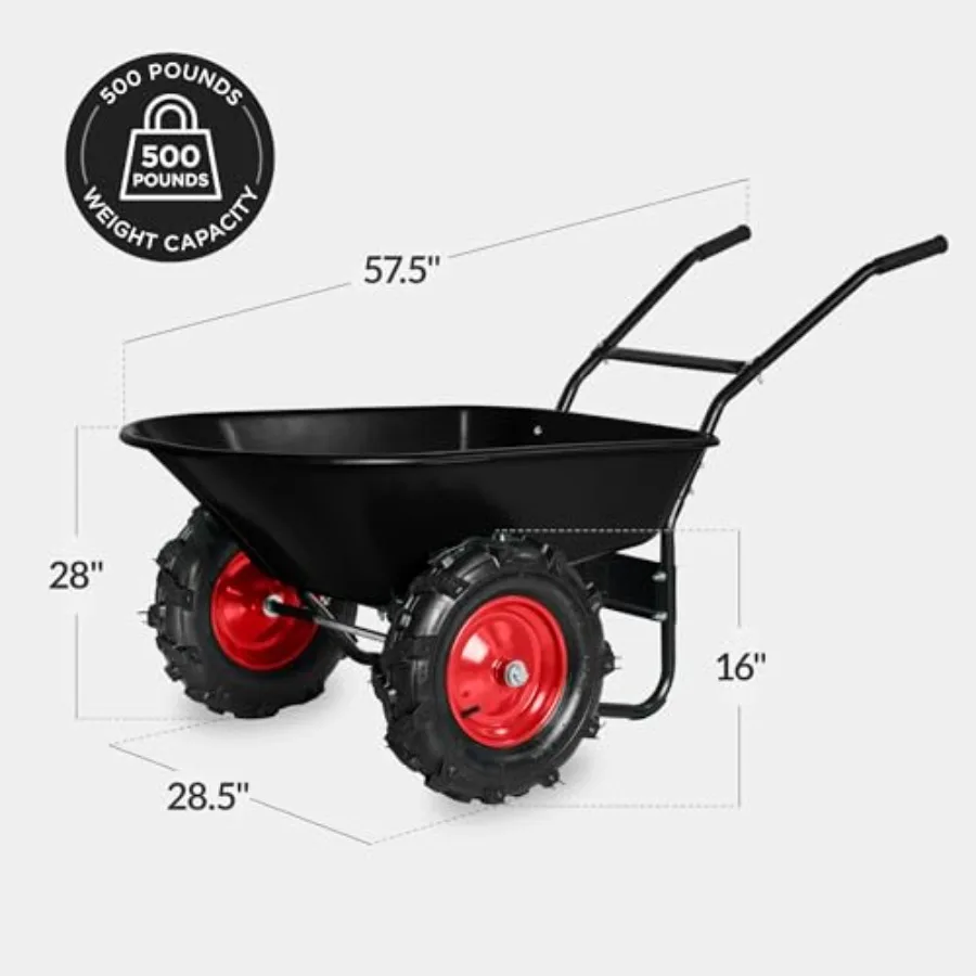 Dual-Wheel Wheelbarrow Garden Cart - 500 lb Capacity, Extra-Large Wheels, Built-in Stand, for Yard, Garden and Landscaping