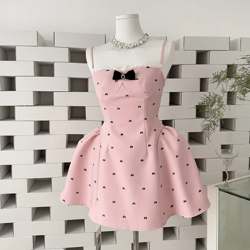

Korean Chic Bow Printed Mini Dress Sexy Backless Pink Black Lace Patchwork Short Dress Spaghetti Strap Dress Evening Party Dress