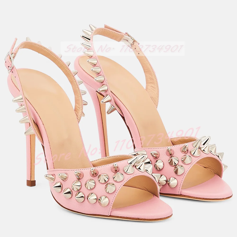 

Rivets Punk Sexy Back Strap Sandals Female Party Nightclub Round Toe Stiletto High Heels Shoes Lady Chic Nifty Big Size Sandals