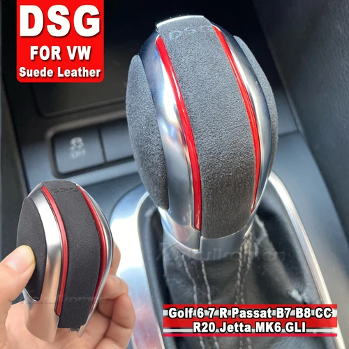 Perilla de cambio de marchas de cuero de gamuza para coche, emblema para VW Golf 6 golf 7 R GTI Passat B7 B8 CC R20 Jetta MK6 GLI DSG, Color rojo/azul