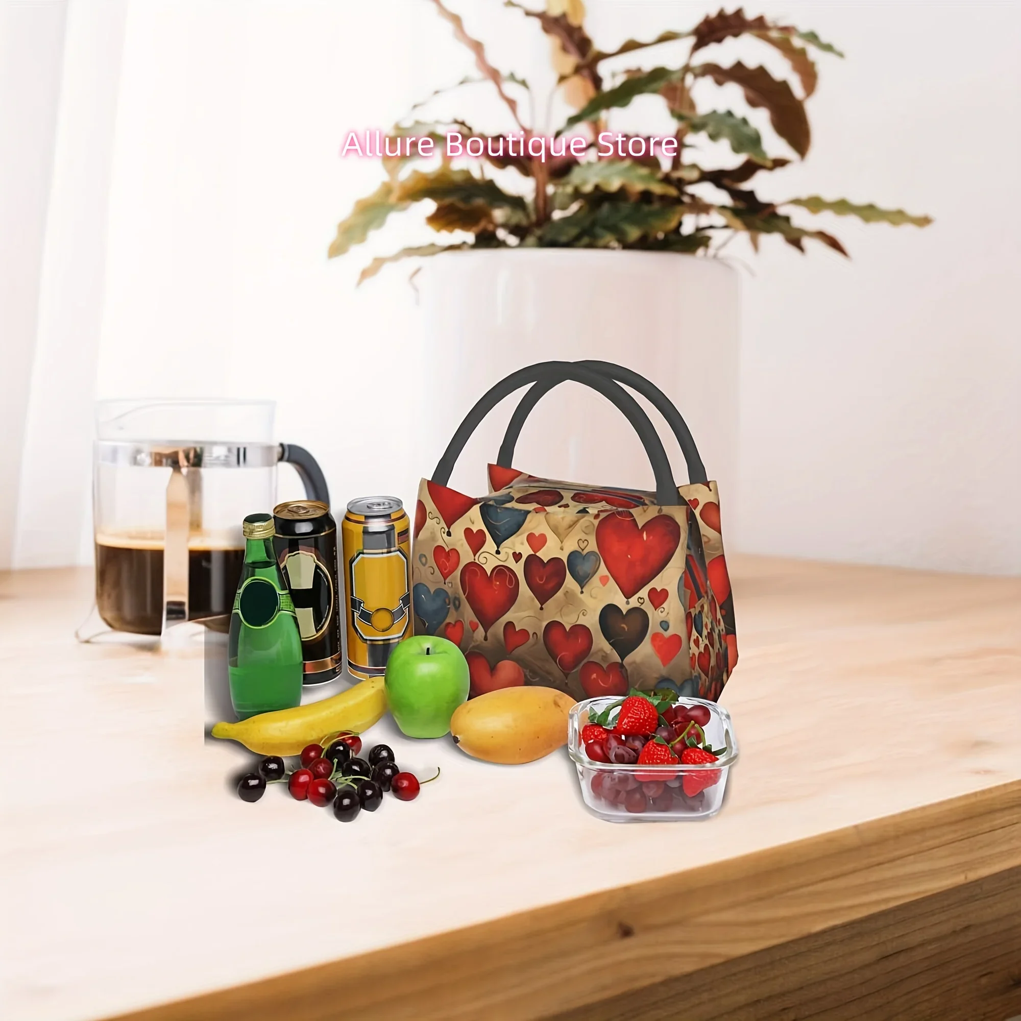 Men's and Women's Insulated Lunch Bag, Reusable Large Lunch Tote with Insulated Zipper Closure, Red Heart Portable Lunch Box Coo