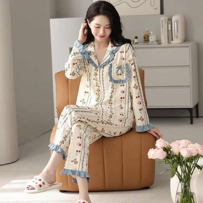 Spring Pajamas Women Long Sleeve High-End Loose Large Size Cardigan Homewear Suit Female Sweet Fashion Casual Thin Sleepwear Set