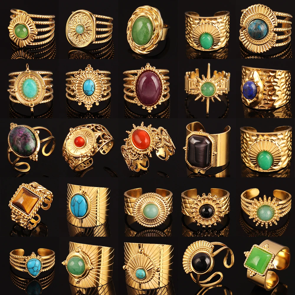 Vintage Geometry Colorful Stone Natural Ring Stainless Steel Ring Turquoise Charms Wide Chain Open Rings For Women Ring Jewelry