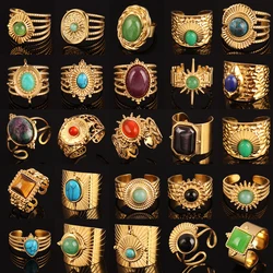 Vintage Geometry Colorful Stone Natural Ring Stainless Steel Ring Turquoise Charms Wide Chain Open Rings For Women Ring Jewelry