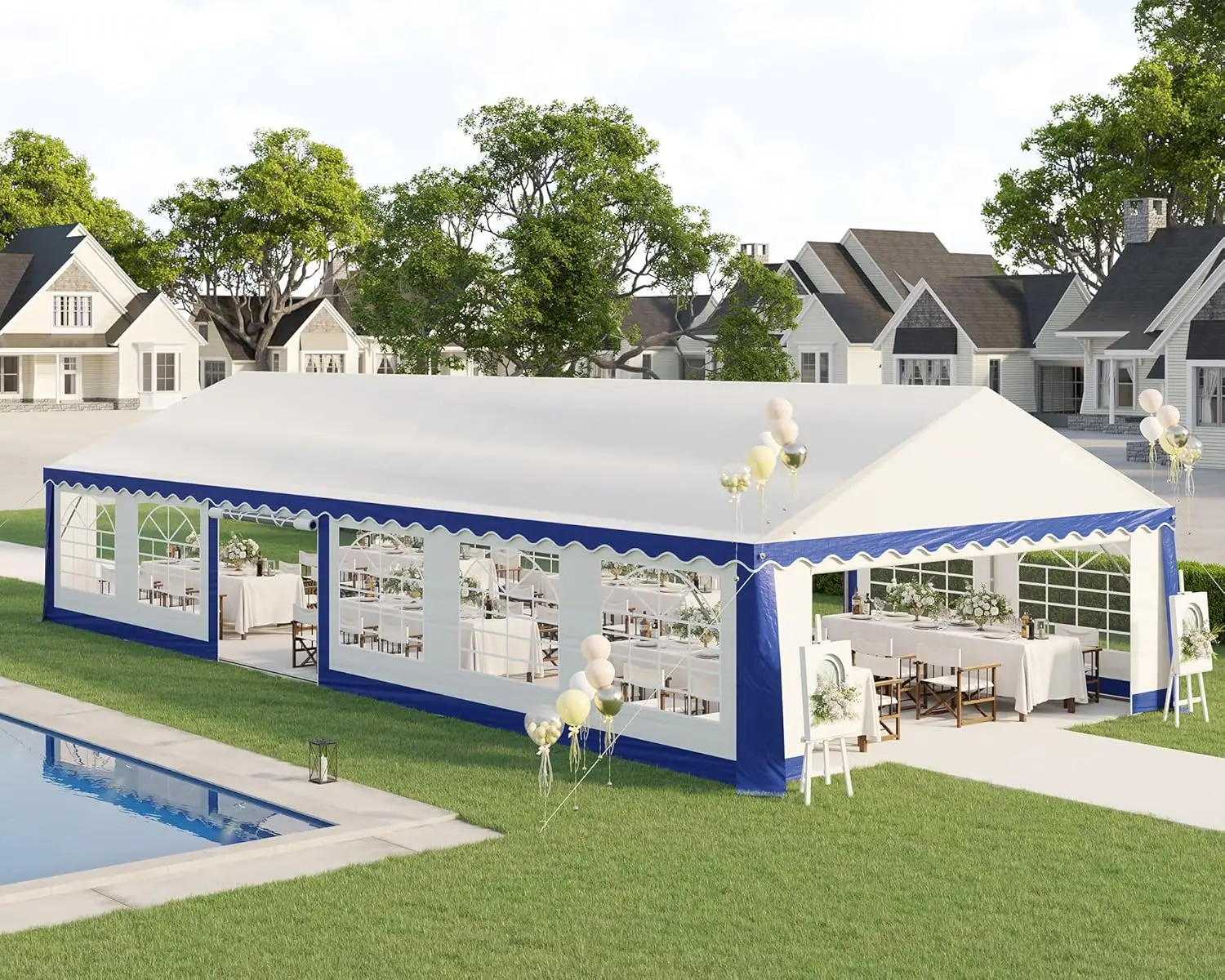 

20 x 40 FT Party Tent with Rolled Sidewalls, Heavy Duty Wedding Tent for Party Outside, Waterproof Event Shelters, White & Blue