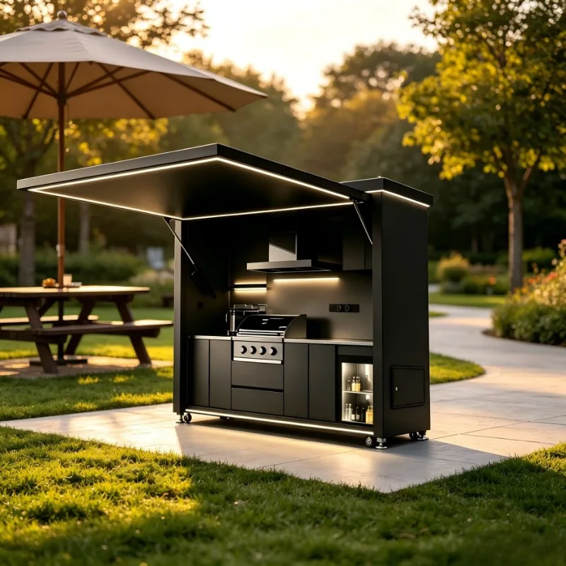Garden Outdoor Kitchen, Luxury Foldable Modular BBQ Island with Stainless Steel Gas Grill, Modern Cabinets & Range Hood