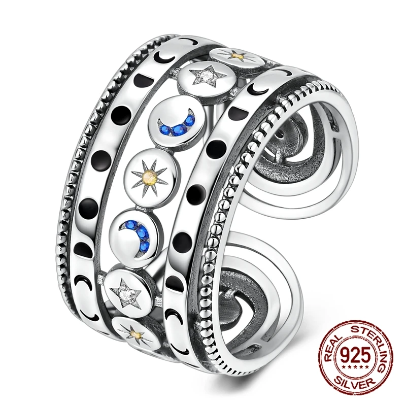 925 Sterling Silver Moon Star Spinner Ring Triple Layer Open Wide Band Adjustable Ring for Women Anxiety Relief Jewelry Gifts