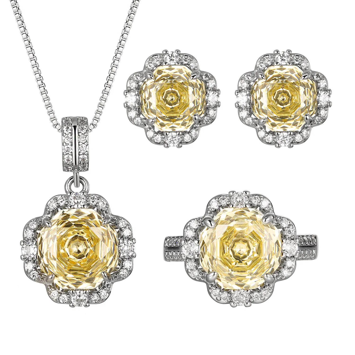 Luxury Yellow Citrine Octagonal Flower Jewelry Adjustable Ring Pendant Necklace Earrings Crystal Wedding Bridal Gift for Women