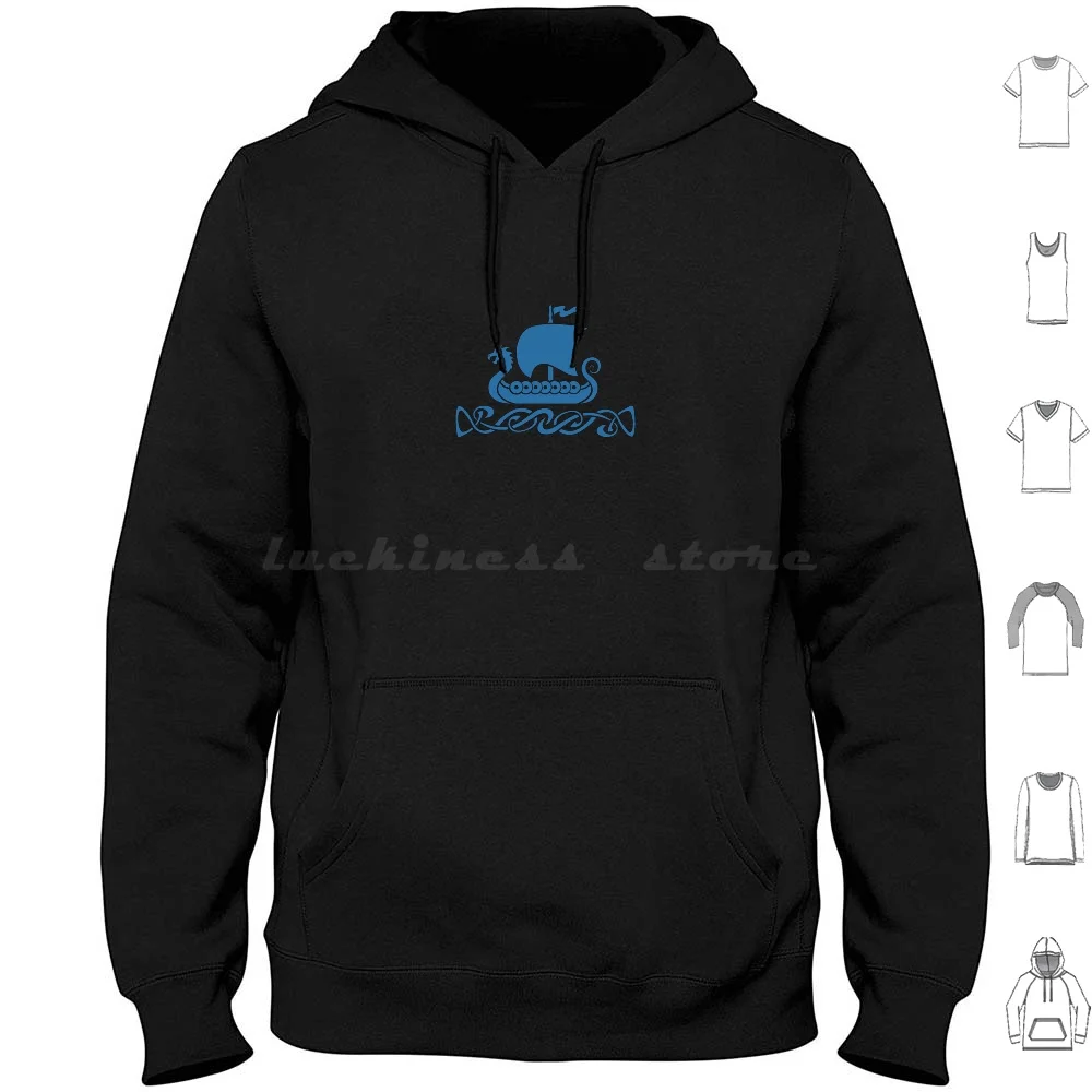 Dragon Boat-Blue Hoodie Cotton Long Sleeve Viking Dragon Viking Longship Blue Dragon Viking Longboat Viking Norse Designs