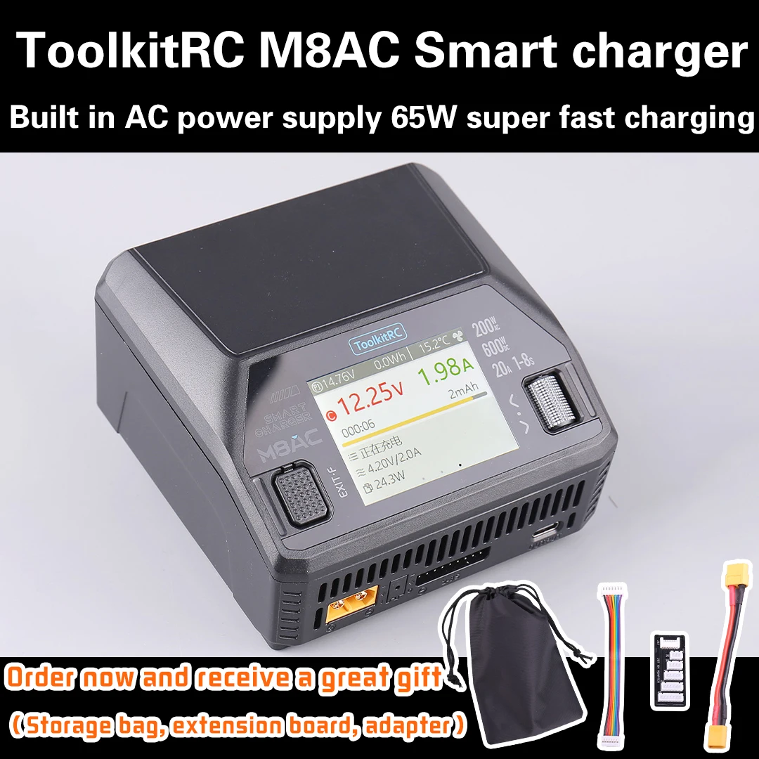 ToolkitRC M8AC Smart Lipo Battery Charger Discharger AC 200W DC 600W 20A for 1-8S LiHV Lipo Battery PD 65W FPV Model Parts Car