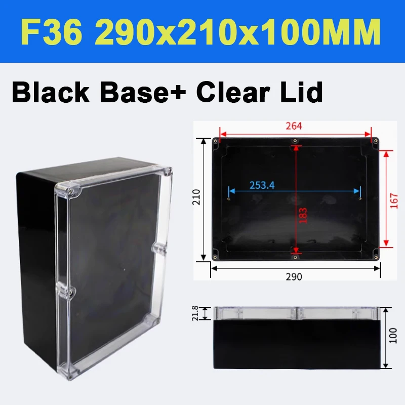 Waterproof Electrical Junction Box IP67 ABS Plastic Black Project Boxes Case Power Supplies Enclosure 290x210x100mm Clear Lid