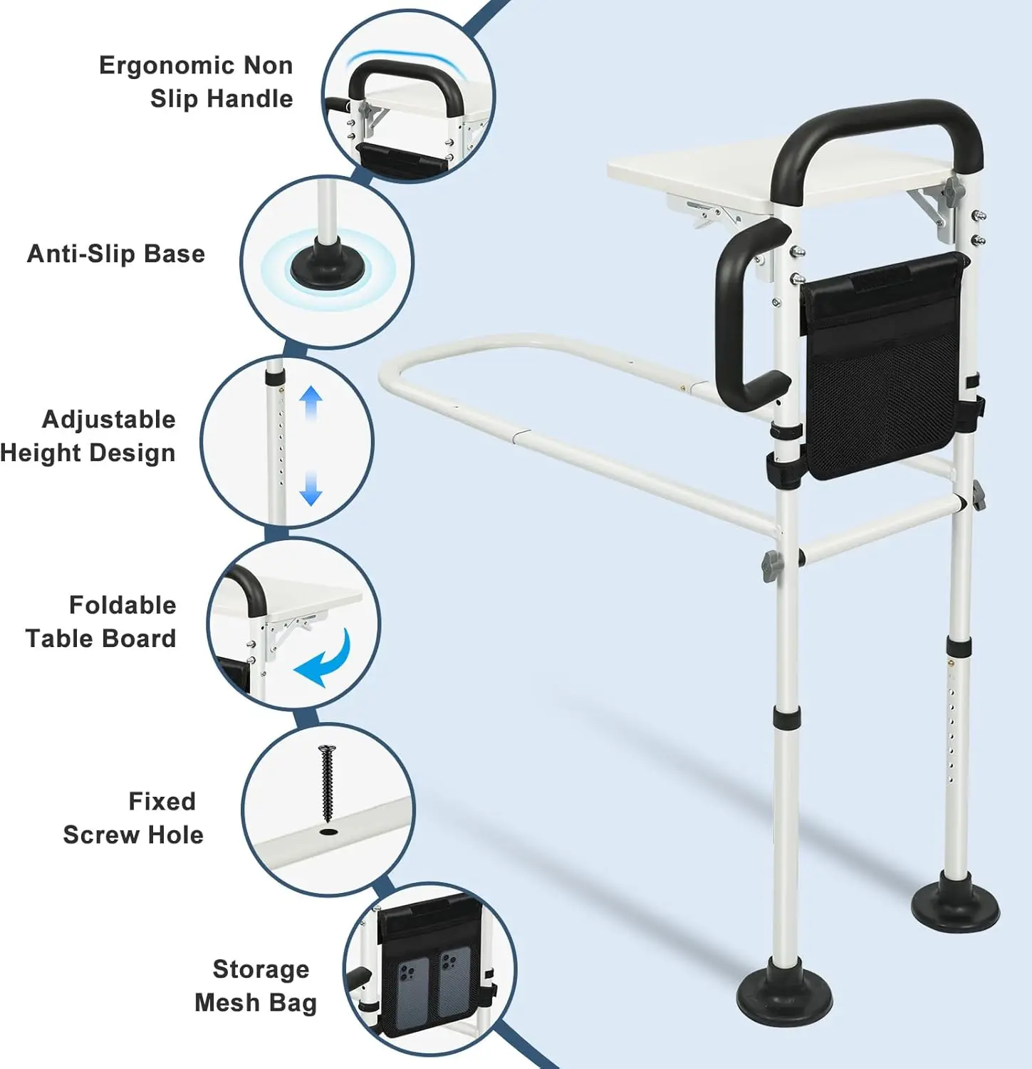 Foldable Bed Rail with Table, Sensor Light & Adjustable Height for Elderly Safety