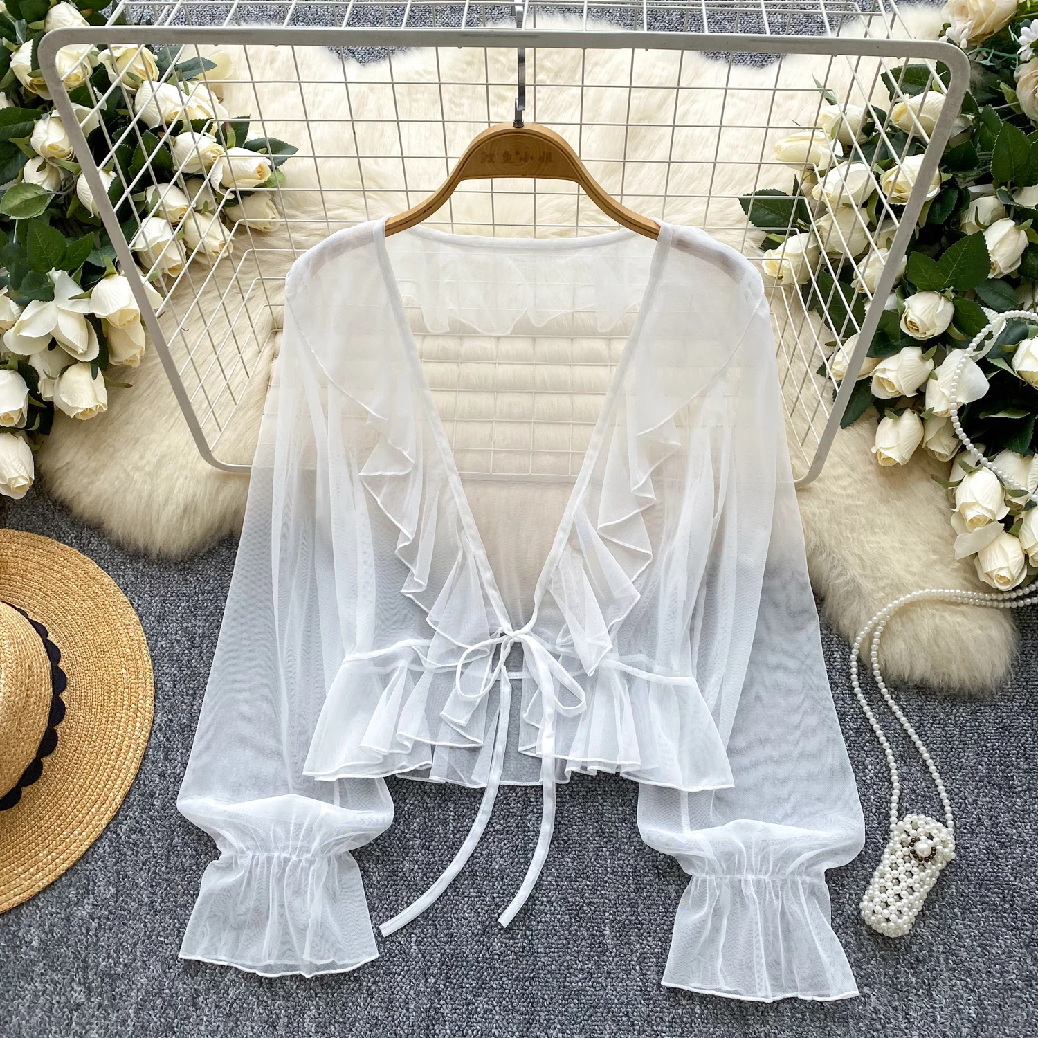 

Sweet Thin Long Sleeve Sunscreen Shirt Women Fashion Solid Color Ruffles Lace Up Chiffon Cardigans 2025 Versatile Casual Tops