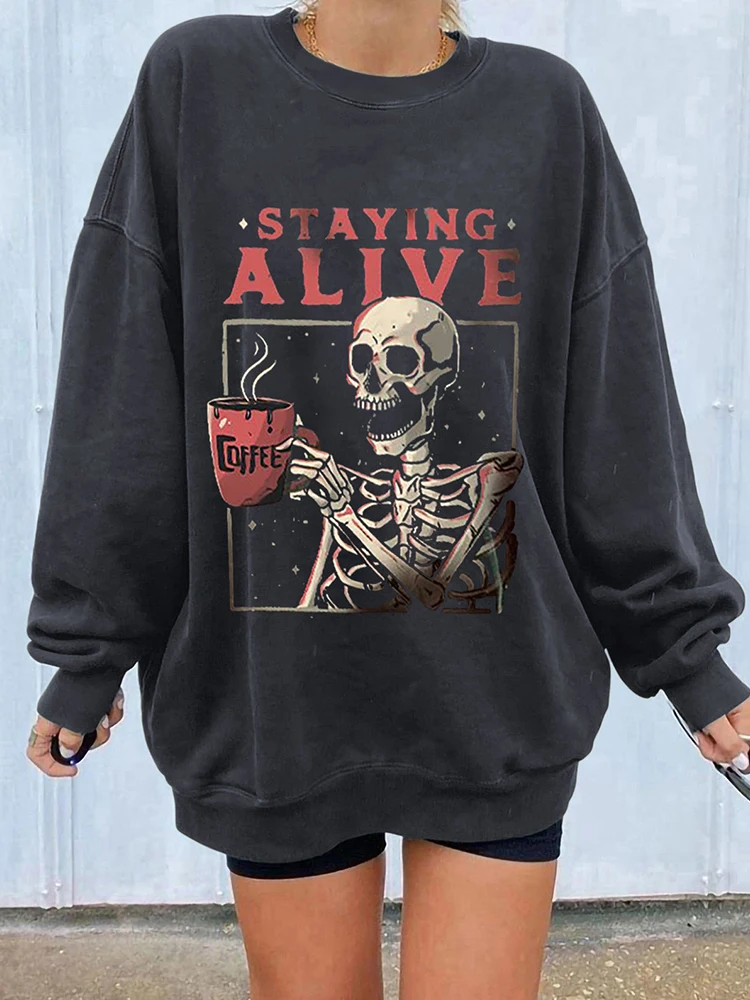 Seeyoushy Never Better Funny Skull Print Women Sweatshirts Drop Shoulder Pullovers Vintage Sweatshirt Casual Harajuku Fun Tops