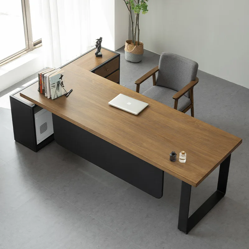 General Manager Office Furniture Leader Log Large Board Desk with Side Cabinet High-end Solid Wood Large Class Desk Boss Desk
