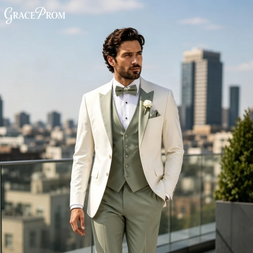 Elegant Notched Lapel Men Suit 3PCS 2027 Trending Slim Fit Wedding Groom Blazer Vest Pants Formal Trendy Prom Business Outfit