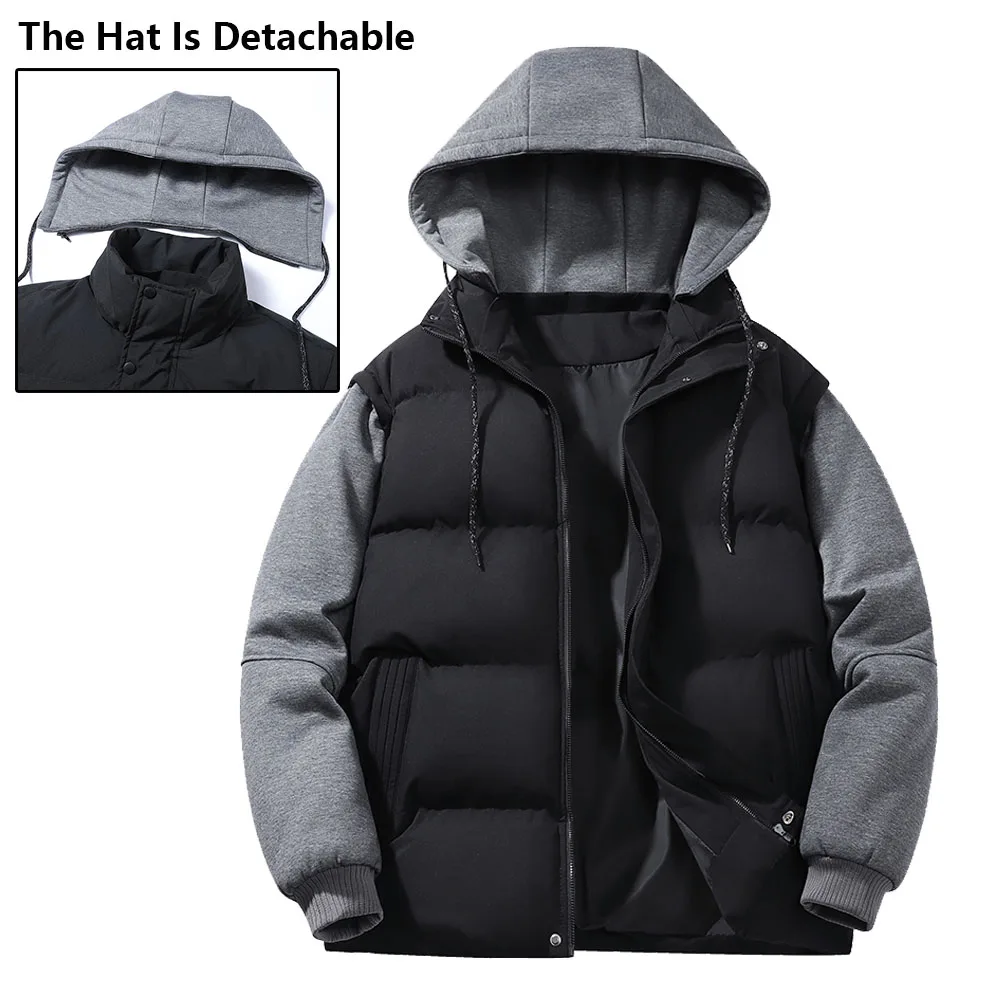 

Новая зимняя толстая двухсекционная куртка с капюшоном, мужская утолщенная теплая съемная шапка, пальто с капюшоном, модная мужская одежда, повседневный свободный топ