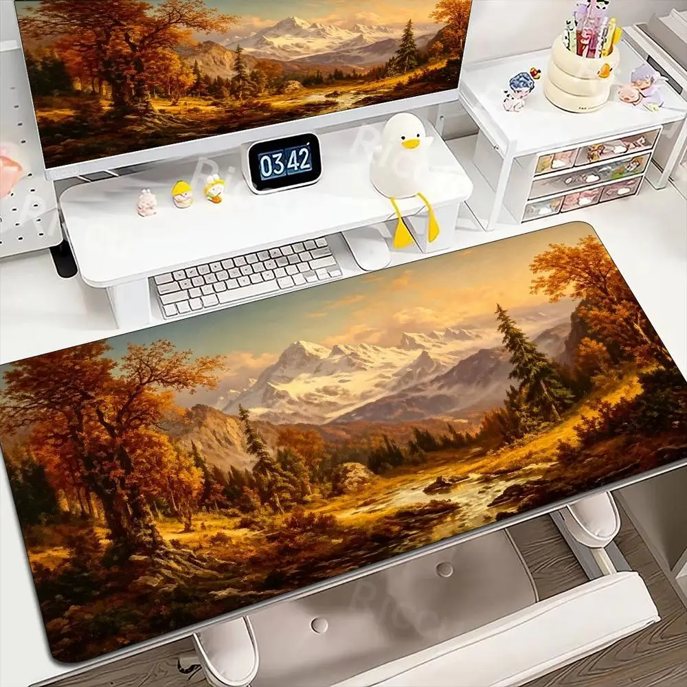 Autumn Snow Mountain Landscape Oil Painting XXL Mouse Pad Non Slip Rubber Base HD Print Large Desk Mat for Computer Work Desk